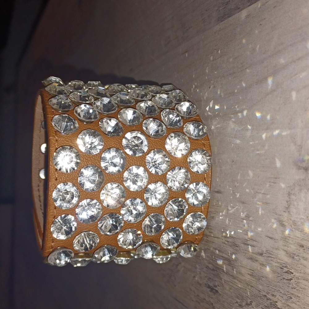 Crystal Studded Brown Leather Cuff Bracelet